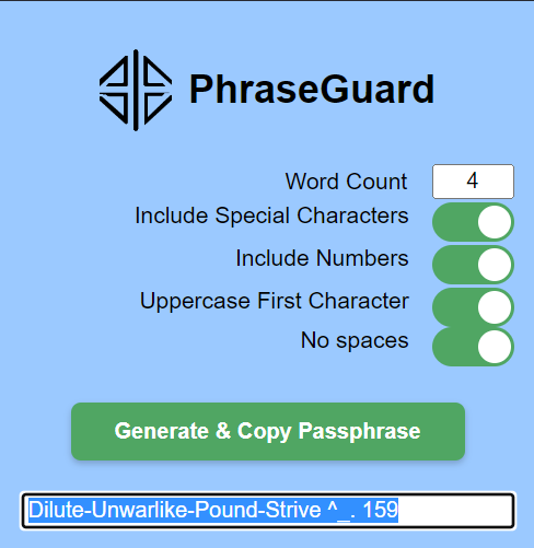 How PhraseGuard looks like at launch.