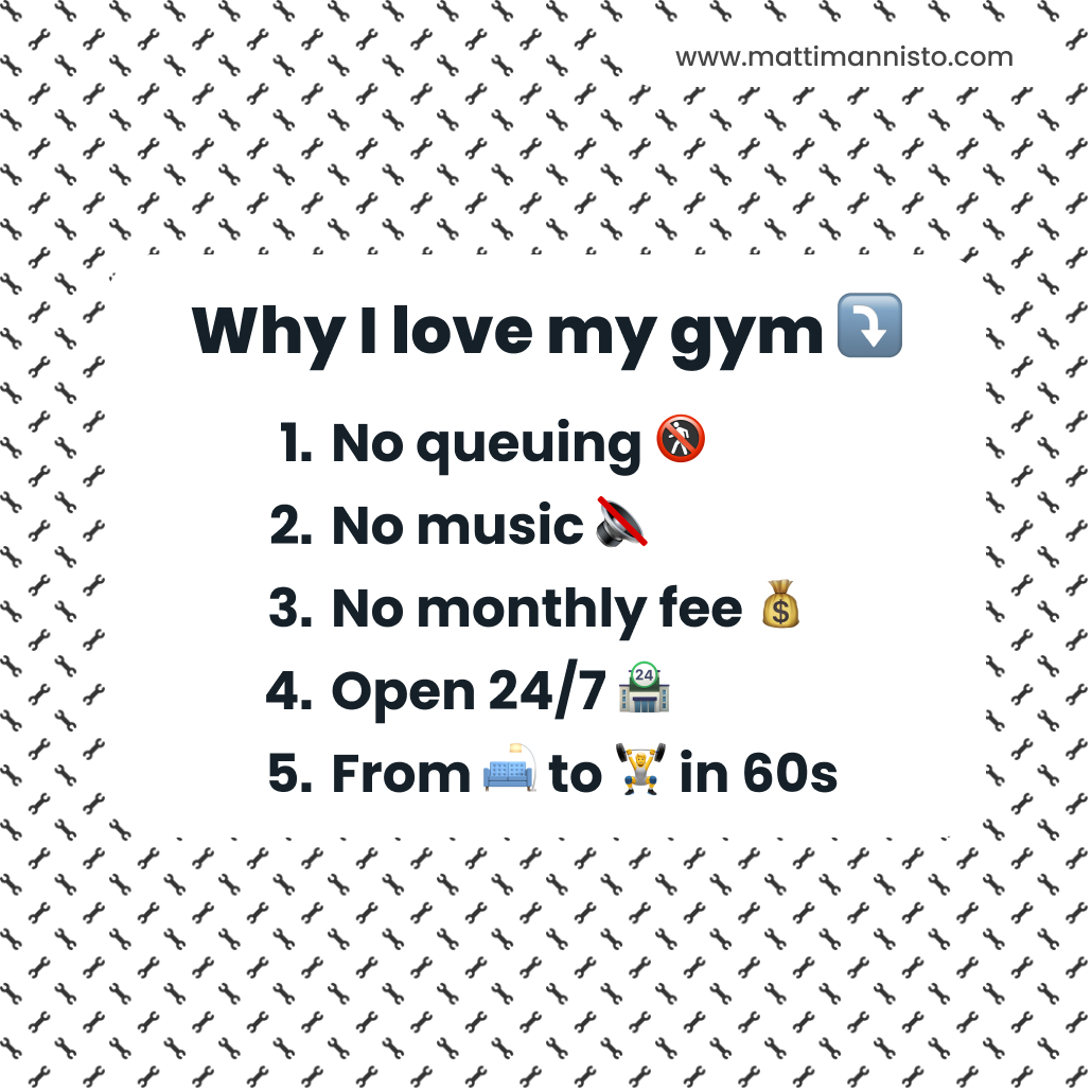 Why I love my gym: No queuing ️🚷, No music 🔇, No monthly fee 💰, Open 24/7 🏪, From couch to gym in 60s
